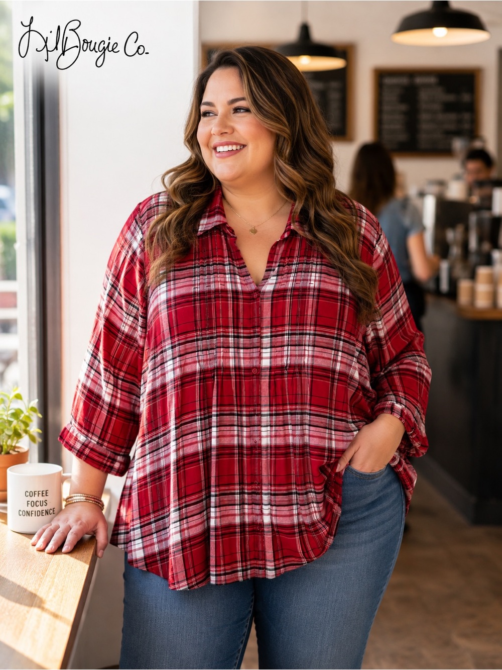 CJ Banks Red Plaid Top with Silver Thread - Women’s size XL - EUC